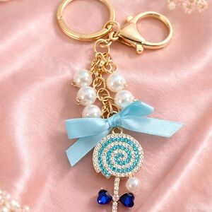Gold-Tone Blue & Pearl Lollipop Keychain with Bow